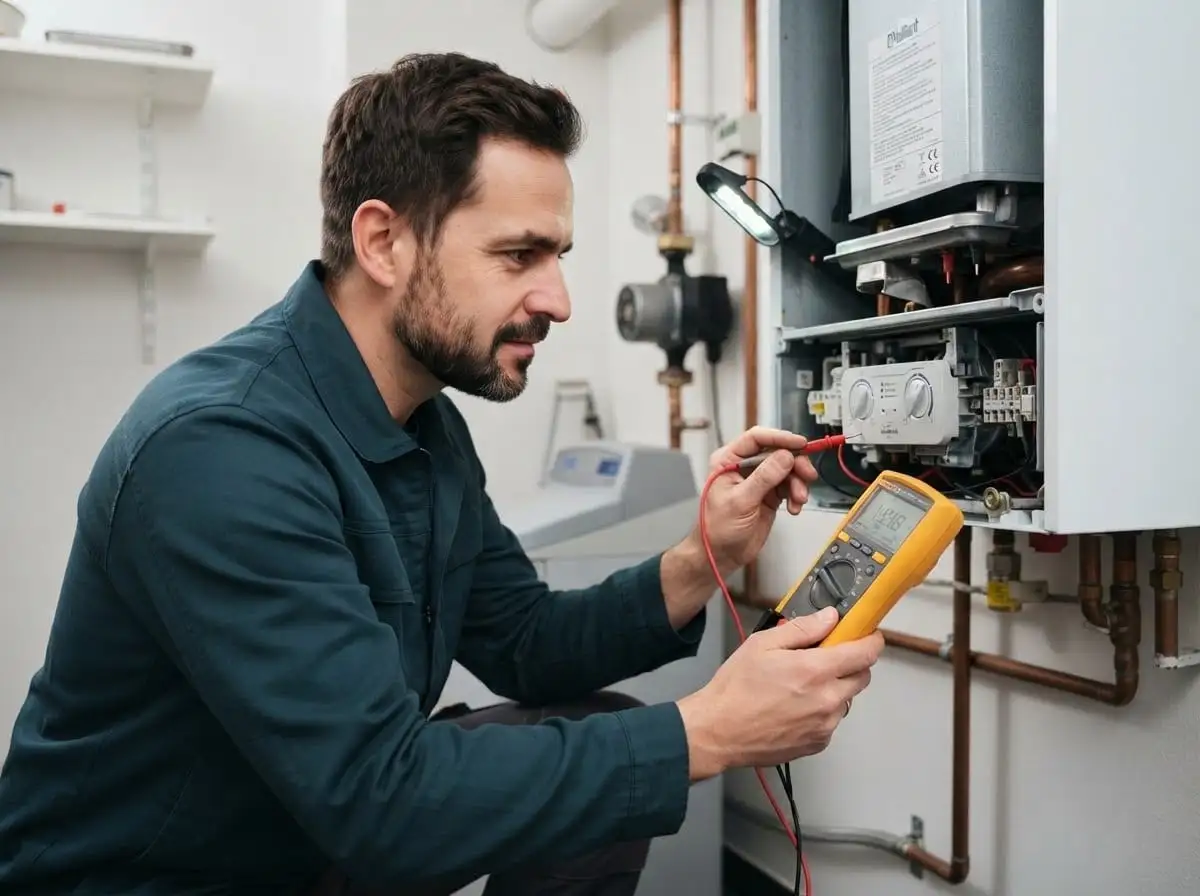 Kein Warmwasser: Klempner prüft den geöffneten Warmwasserbereiter mit einem Multimeter