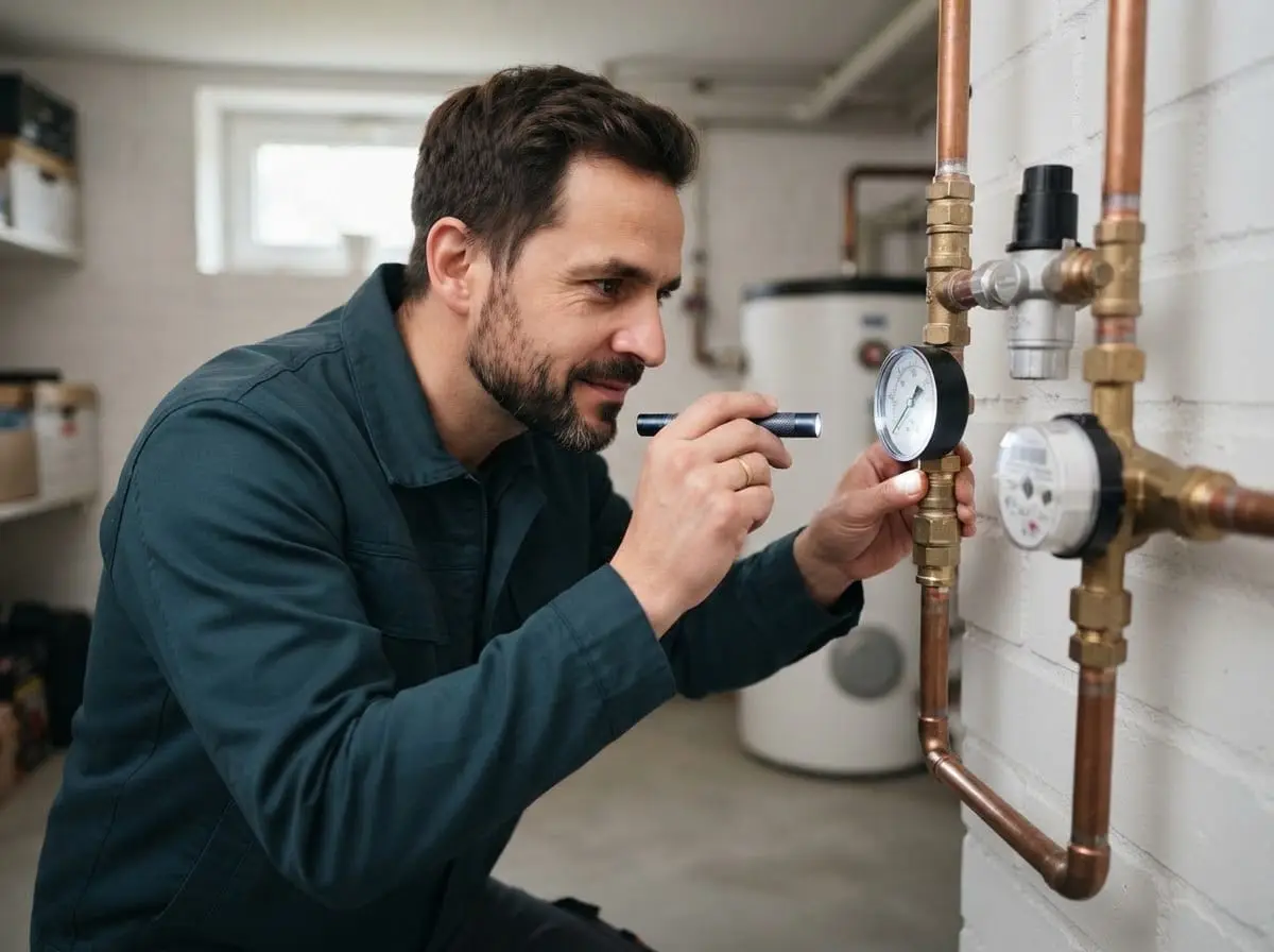 Wasserdruck zu niedrig: Klempner liest das Manometer neben Wasserzähler und Druckminderer ab